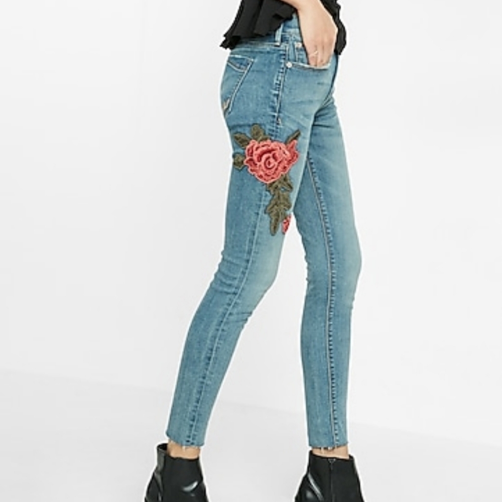 Express Floral Denim Blue Jeans Stretch Embroidered Ankle 4 Short